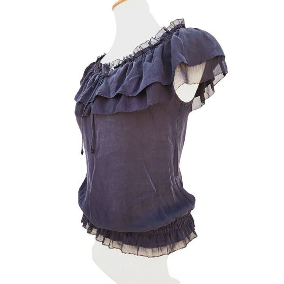 White House Black Market Black Top Off Shoulder Blouson Flutter Silk Blouse XS - Picture 3 of 6